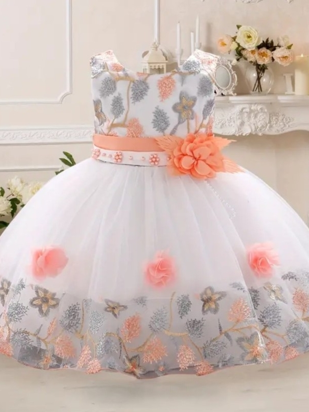 White Tulle Flower Girl Dress with Coral Accents